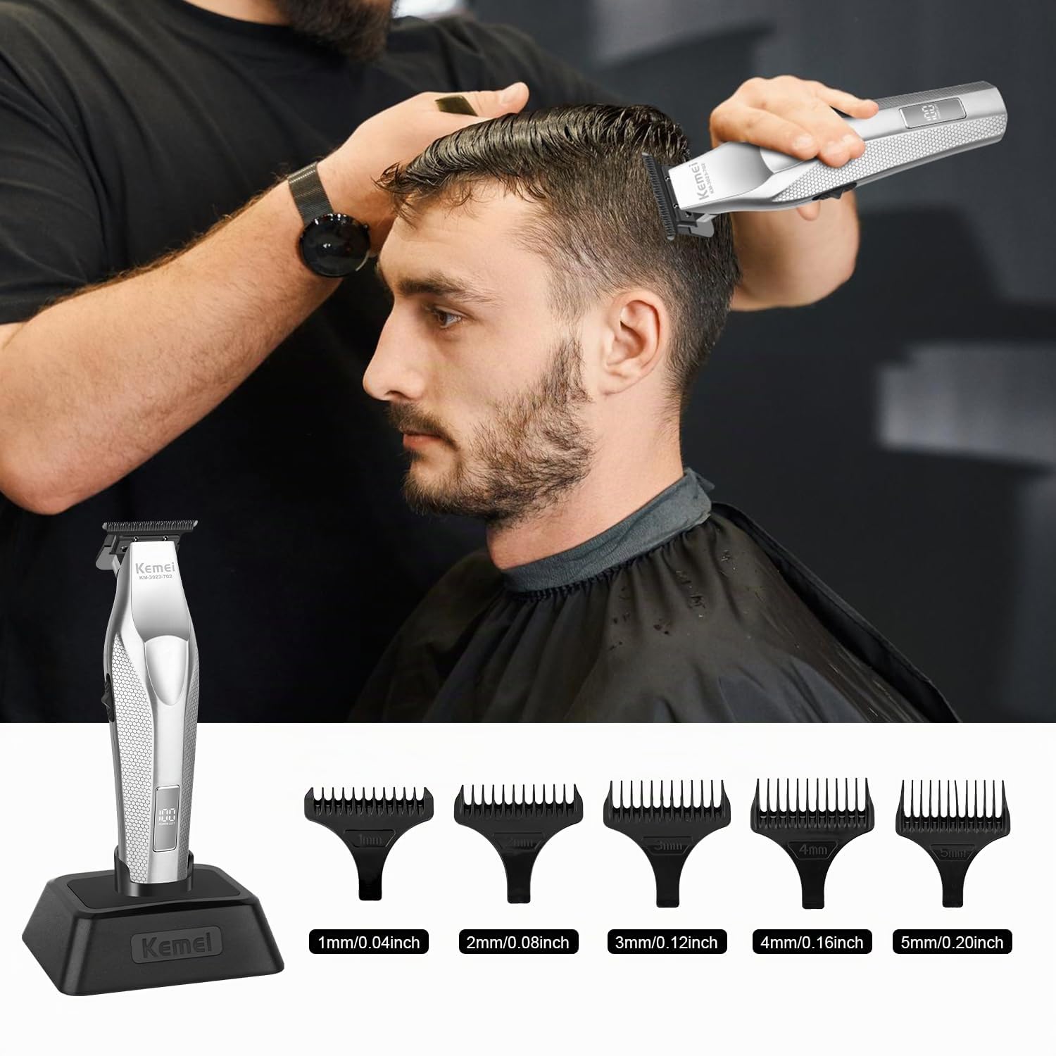 KEMEI KM-3023-702 - Tagliacapelli Professionale da Uomo Senza Fili Per gli Uomini, 9000 giri/min, Lame DLC, Regolabarba Regola Barba, Elettrico Trimmer Capelli Con 4 Pettini Guida