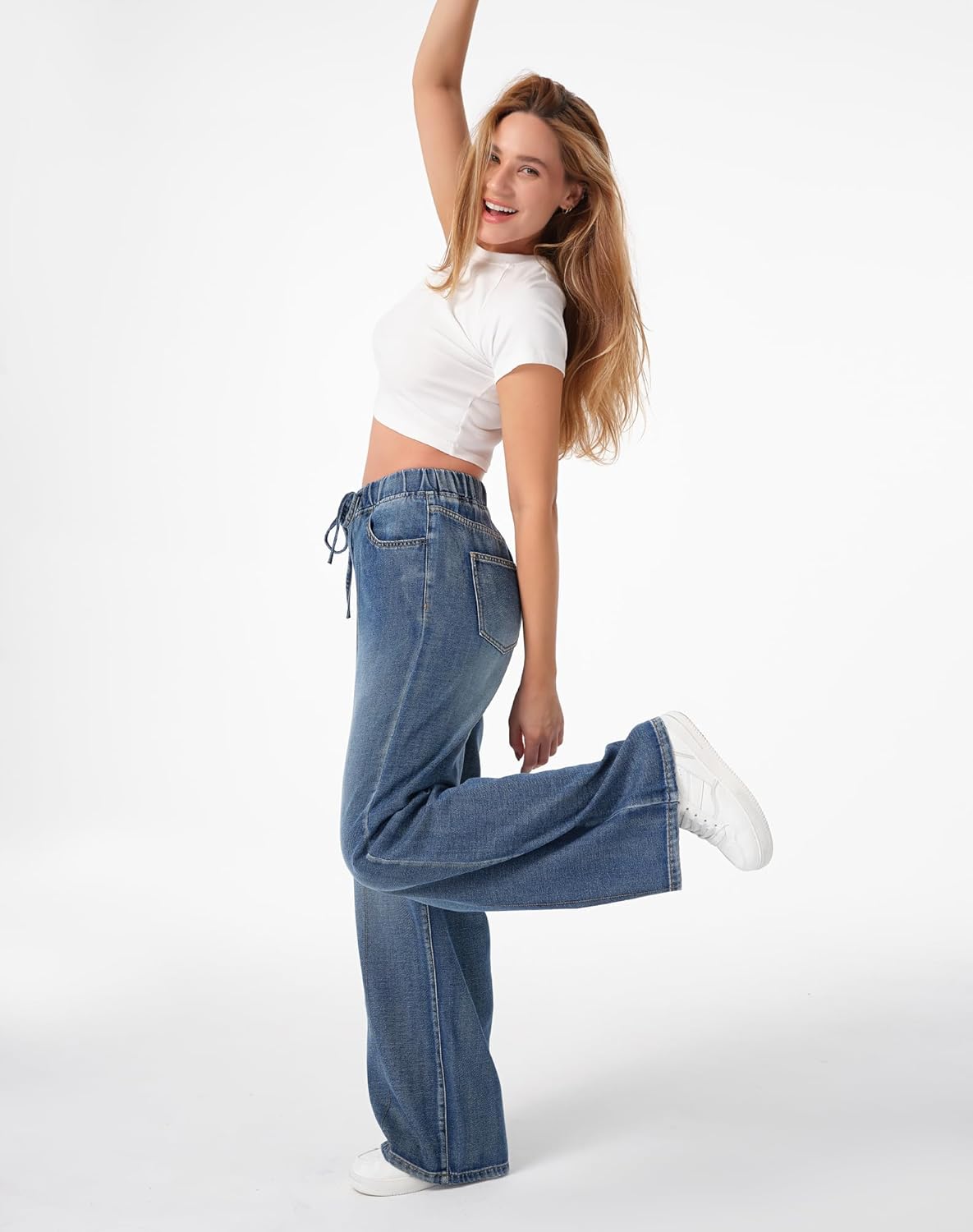 roswear Womens Jeans Non-Stretch Sweatpants Loose Fit Pull On Elastic Waist Front Seam Pants - Image 8