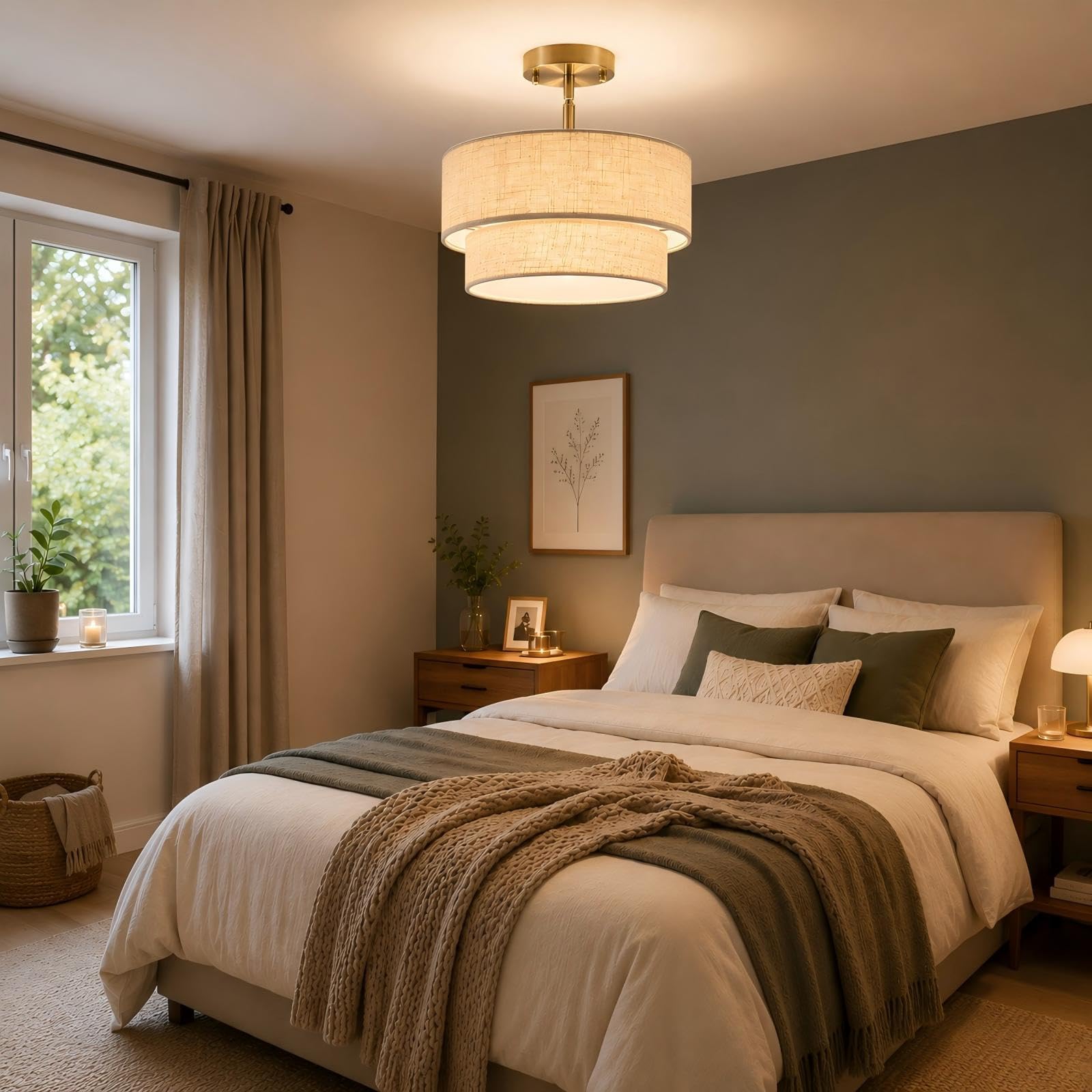 Deckenleuchte Silber 3-flammig, Moderne Stoff Deckenlampe E27 Wohnzimmer | Lampe für Schlafzimmer Kinderzimmer Esszimmer Flur, Runde Deckenlampe mit beige Leinenstoffschirm, Ø32 cm, weiches Licht