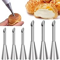 KuuGuu 6PCS Stainless Steel Long Cream Puff Piping Tips - Professional Icing Nozzles for Pastries, Cupcakes, Donuts & Cake Decorating