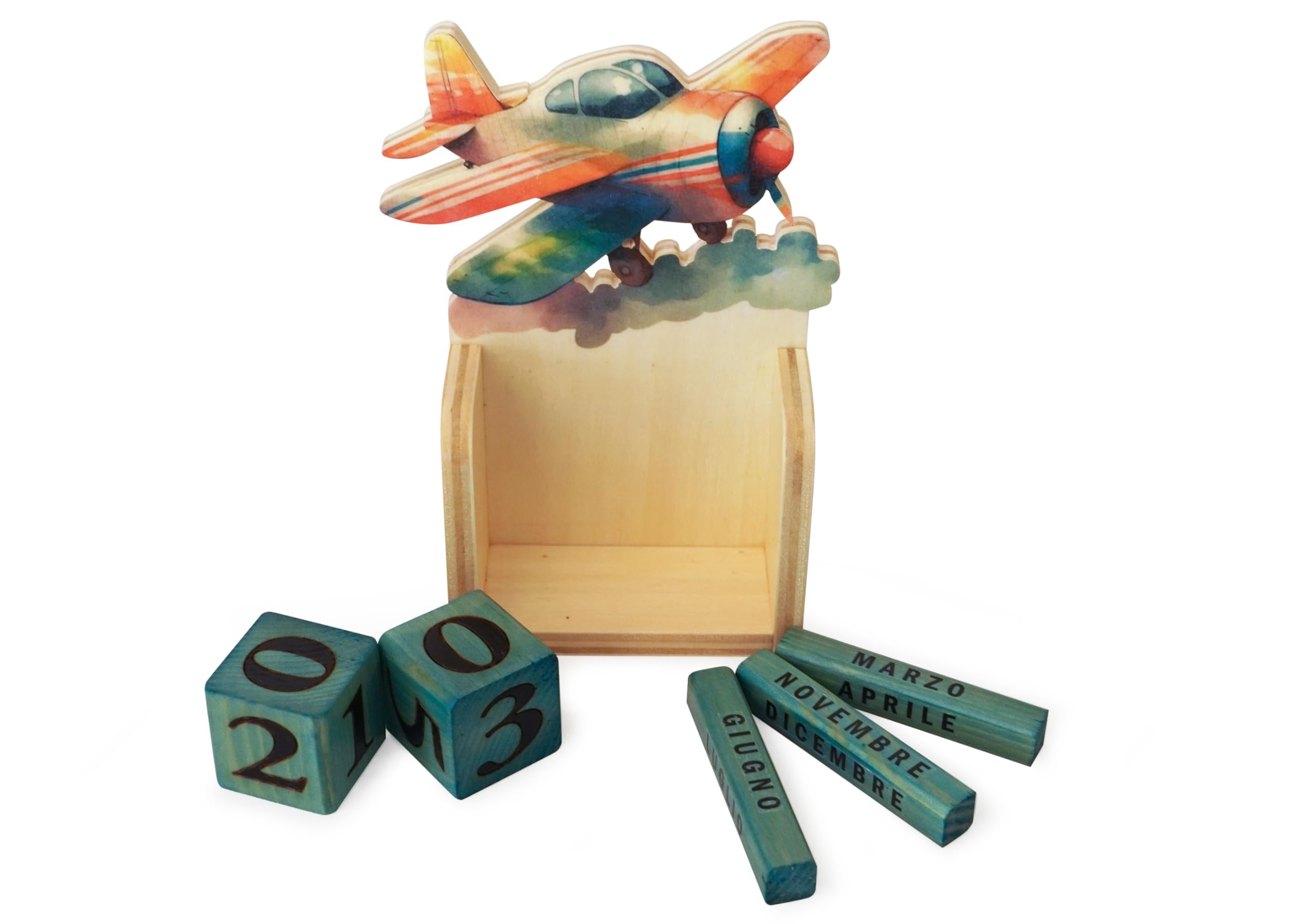 Generico Calendario da Parete in Legno per Bambini con Aeroplano colorato – Calendario Fatto a Mano