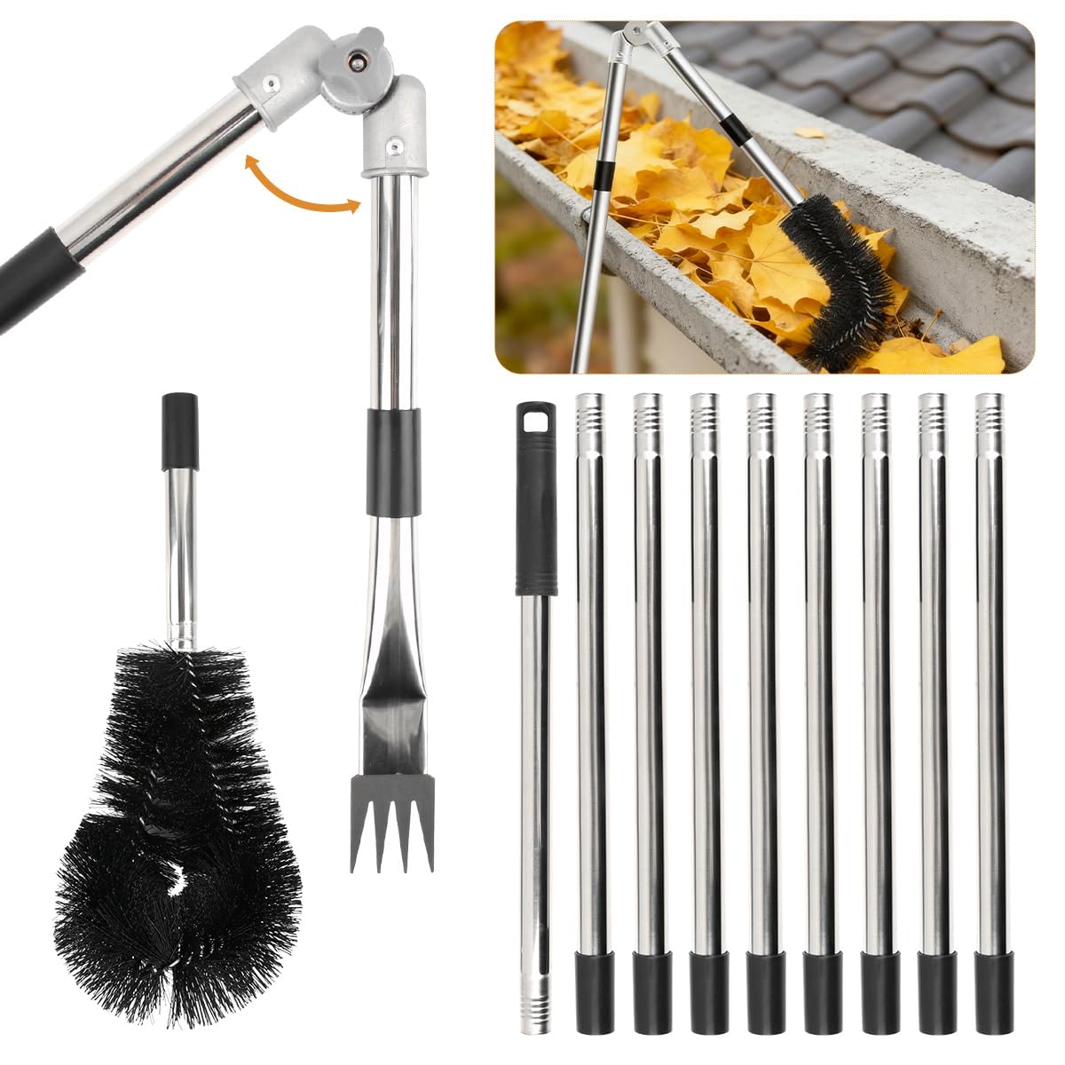 CENBEN 4M Telescopic Roof Gutter Cleaning Tools Kit, 13.12Ft Adjustable Gutter Cleaning Brush with Rake and 10 Extendable Poles, Roof Cleaning Equipment for Removing Leaves Debris Window Spider Web