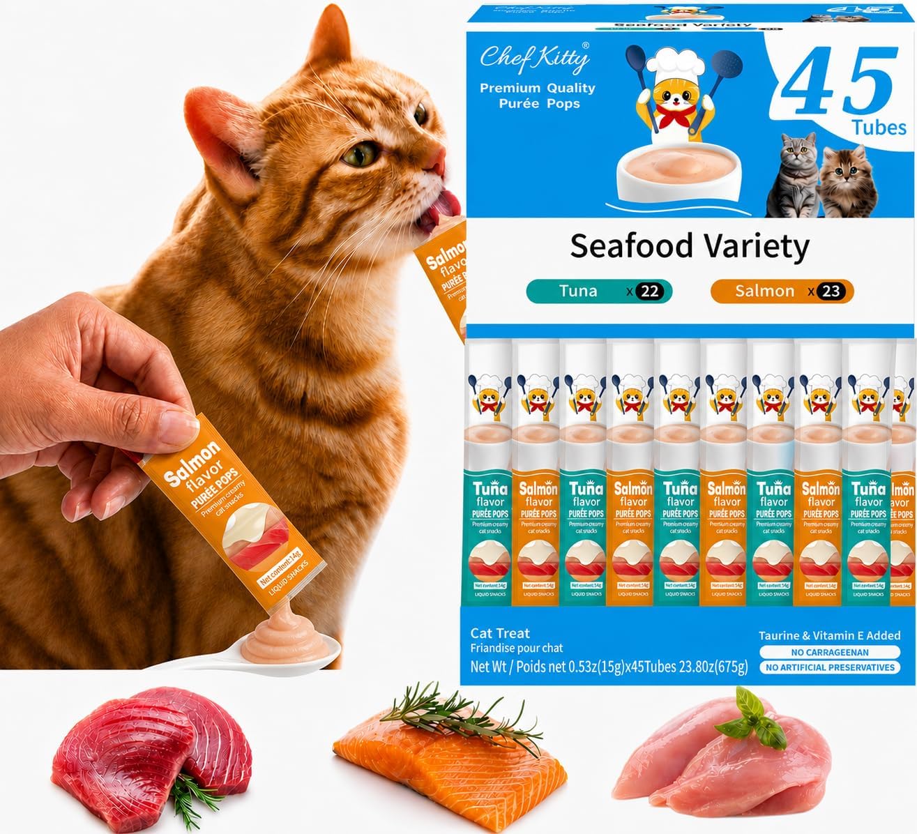 Cat Treats Lickable | Grain-Free Tuna & Salmon Cat Treats | Creamy Puree Squeeze Ups with Vitamin E & Taurine, Digestible Formula | 0.5 oz. Each Tube, Seafood Mix Variety | 45 Tubes