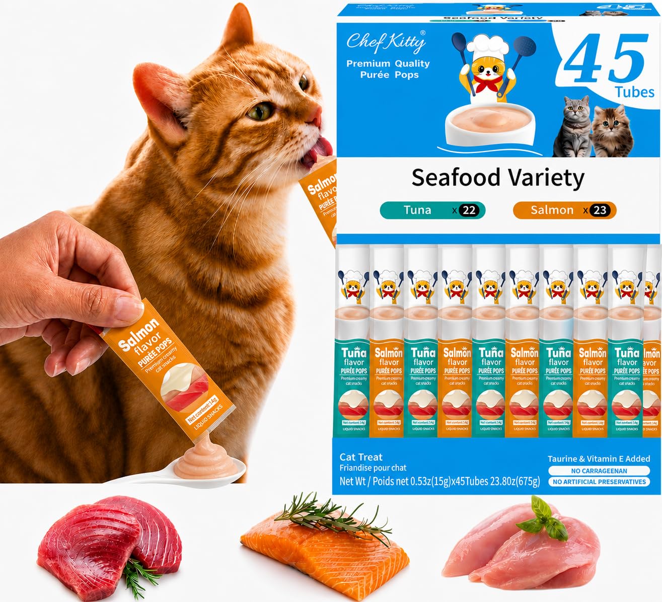 Lickable Cat Treats, Seafood Variety Puree Food Topper, 45 Tubes