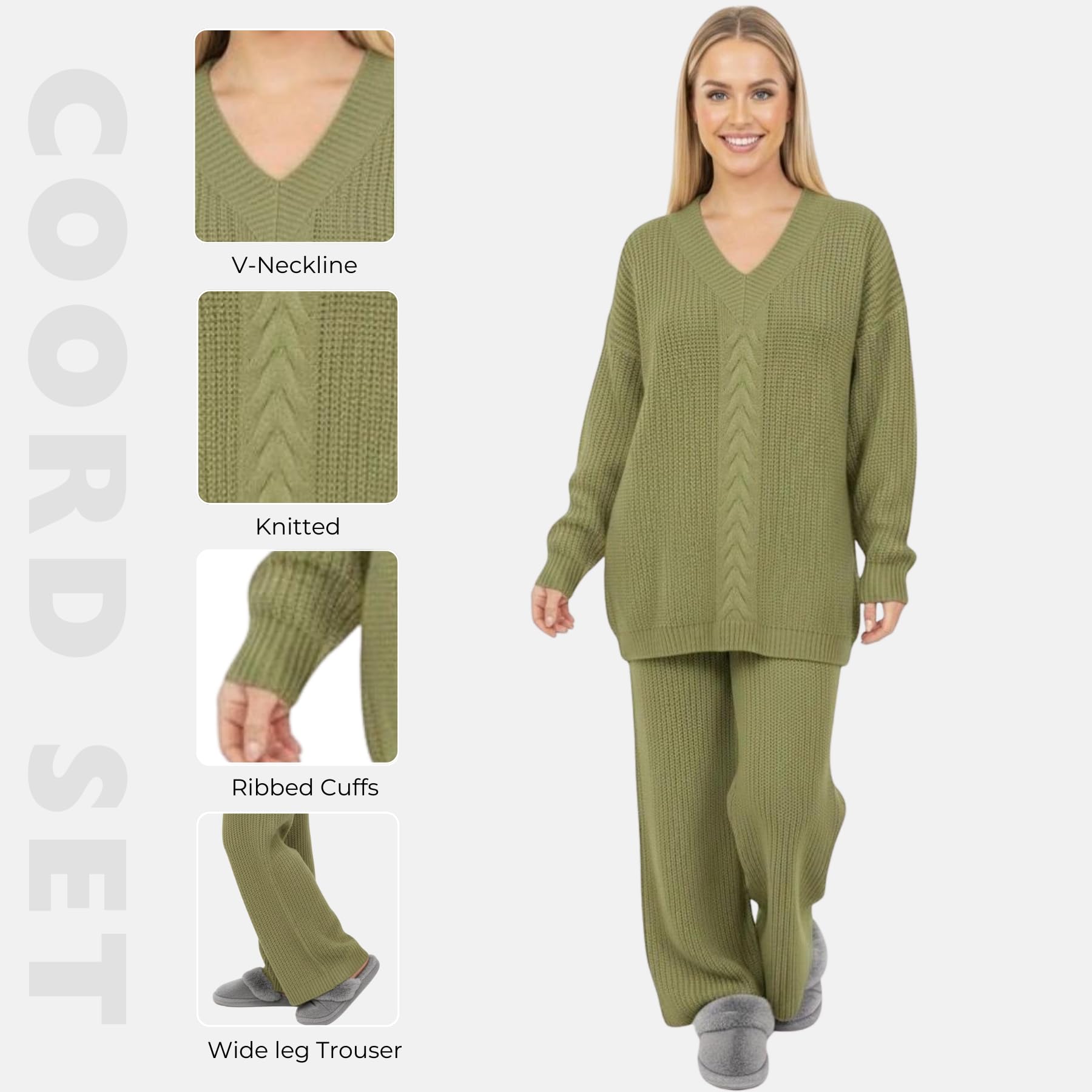 janisramone Set da donna in 2 pezzi, maglia a trecce, maglione a maniche lunghe con scollo a V e pantaloni a gamba larga, tuta per autunno e inverno, taglia 40-46