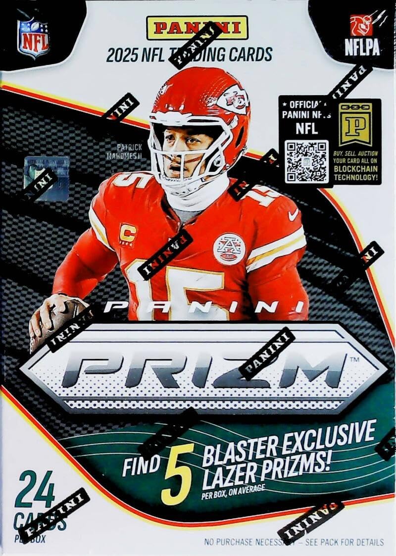 Panini 2025 Prizm NFL Football Factory Sealed Blaster Box with 5 Lazer Parallels (per box, on average). 6 Packs of 4 Cards. Look for possible Blaster Exclusive Memorabilia Cards as well as possible autographs.