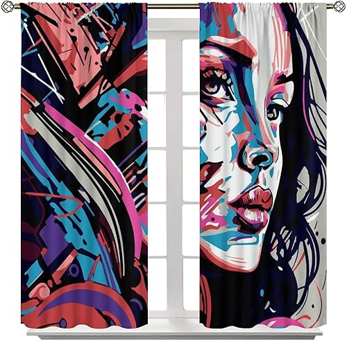 Miniatura 8 de Cortinas de pared de ladrillo, arte pop de grafiti, hermosas cortinas con estampado de chicas americanas para adolescentes, dormitorio, sala de