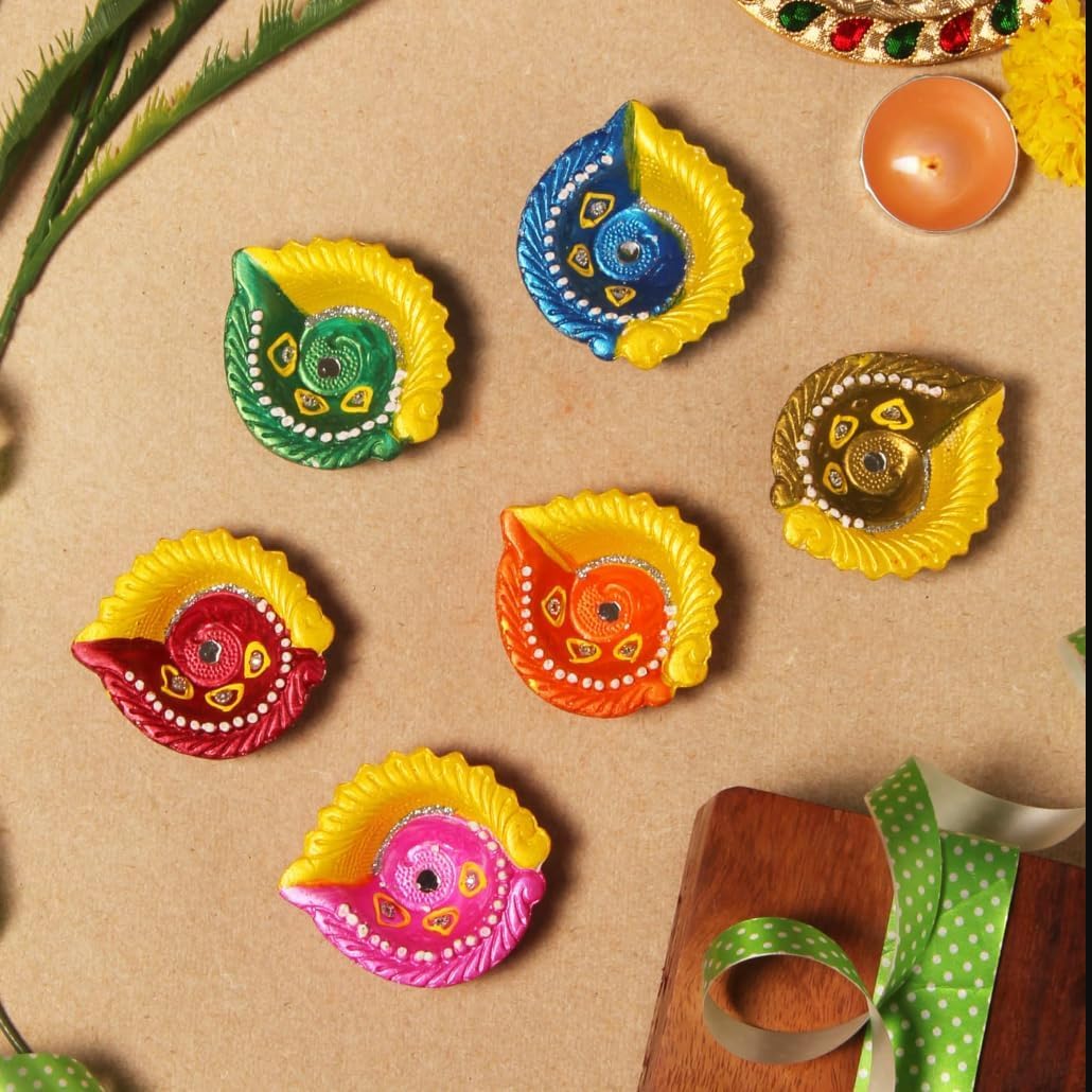 Handmade Terracoaat Set of 6 Multicolored Clay Diya for Diwali/Navratri Decorations Oil Lamp Diwali Clay Diya Tea Light Holder Indian Decor Festival Gifts Puja Items