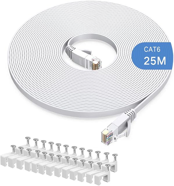 Gulaey 25m Cat6 Ethernet Cable, Long Internet Cables High-Speed Patch Cord Flat Design 1Gbps for 250Mhz/s UTP for Console, PS3, PS4, PS5, Switch, Router, Modem, Patch Panel, PC, TV, Home Office