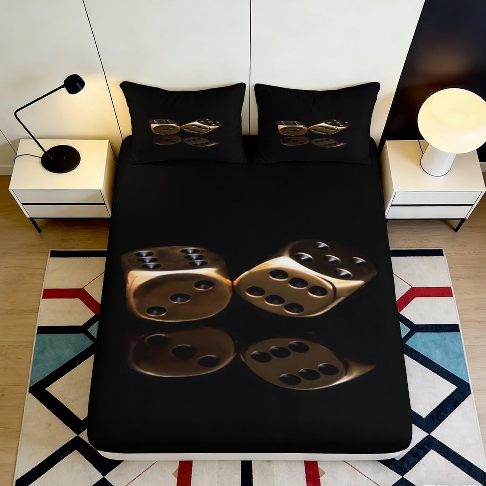 3D Printed Golden Dice Fitted Sheet Microfiber Anti-Slip Black Bed Cover for Bedroom Guest Room Dustproof Decor 180x200x25cm