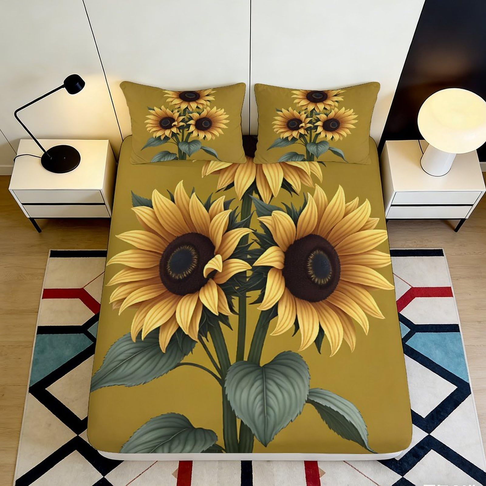 3D Printed Sunflower Fitted Sheet Microfiber Yellow Floral Mattress Cover for Bedroom Guest Room Decor Easy Care 90x200x25cm
