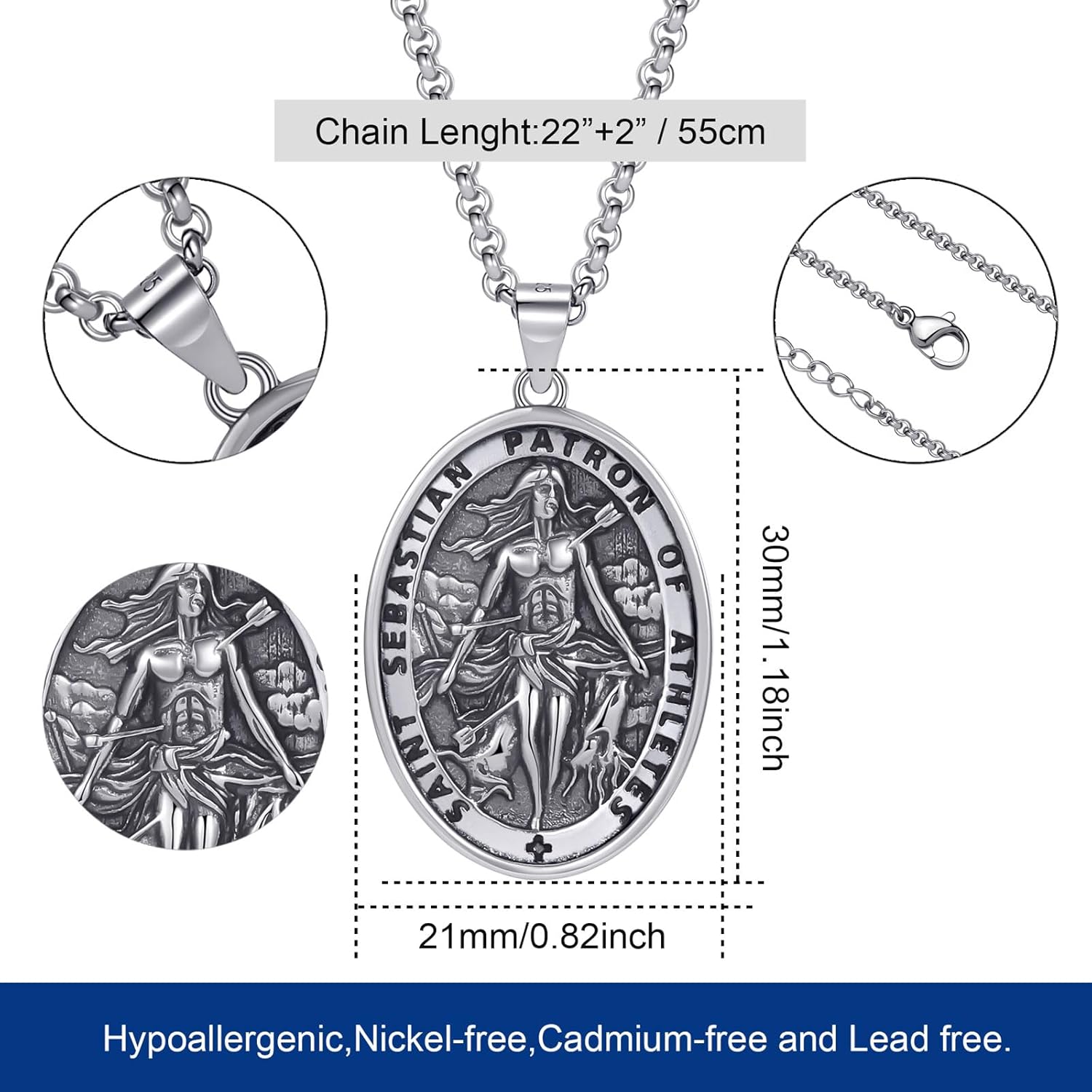 925 Sterling Silver Patron Saint Necklace Amulet Miraculous Medal Pendant Jewelry for Men Women with 2.0mm 20+2" Rolo Chain (with Gift Box) - Image 3