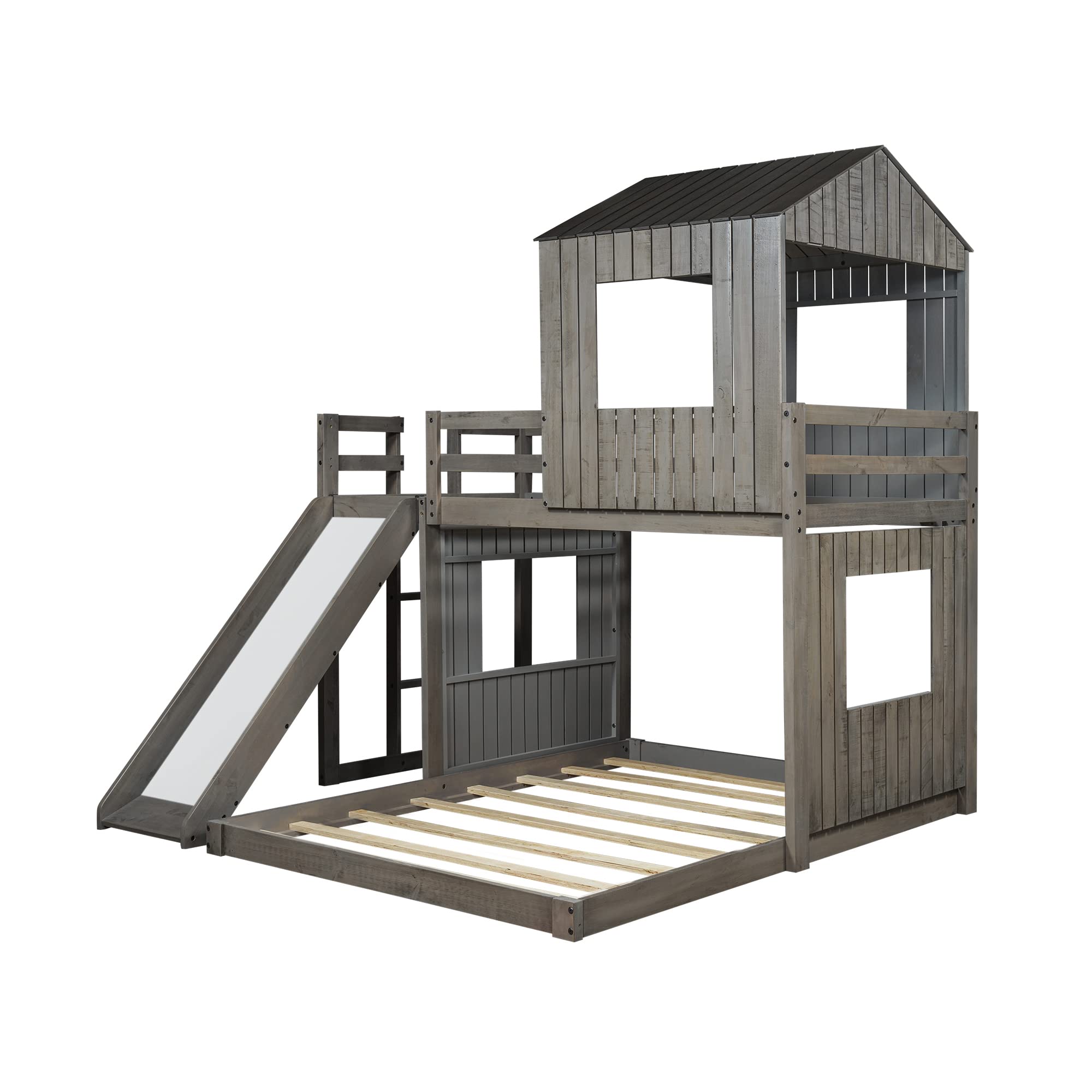 Twin Over Full Bunk Bed with Slide and Ladder, Solid Wood Loft Bed Frame with Playhouse/Farmhouse/Guardrails, Designed for Teens/Kids/Toddlers/Boys/Girls (Antique Gray-9)