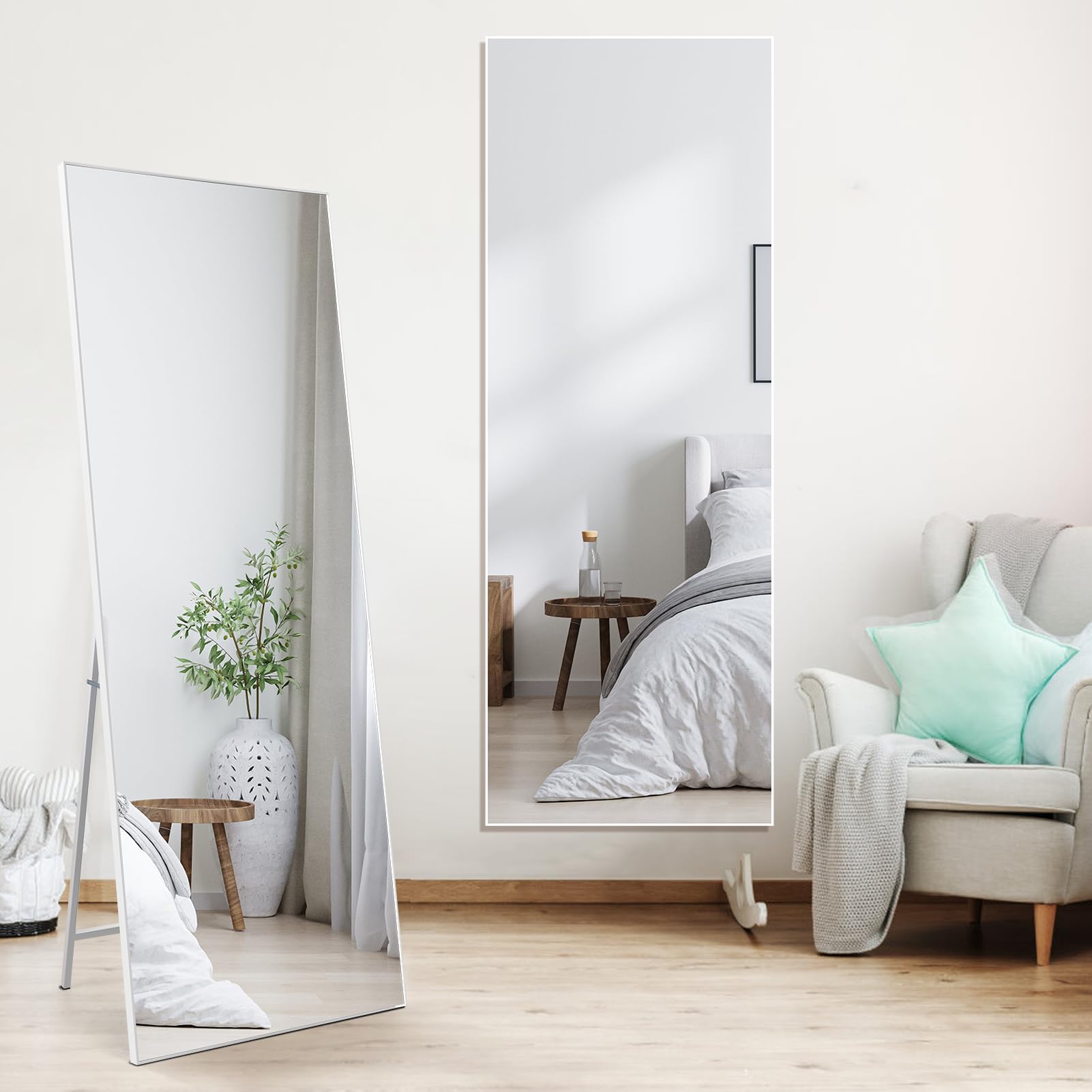 HORLIMER Espejo de Pie Cuerpo Entero 165x60 cm, Espejo Pared Blanco Puede Colocarse en la Pared o en el Suelo del Cuarto de Baño, la Entrada, el Pasillo o el Dormitorio, a Prueba de Explosiones