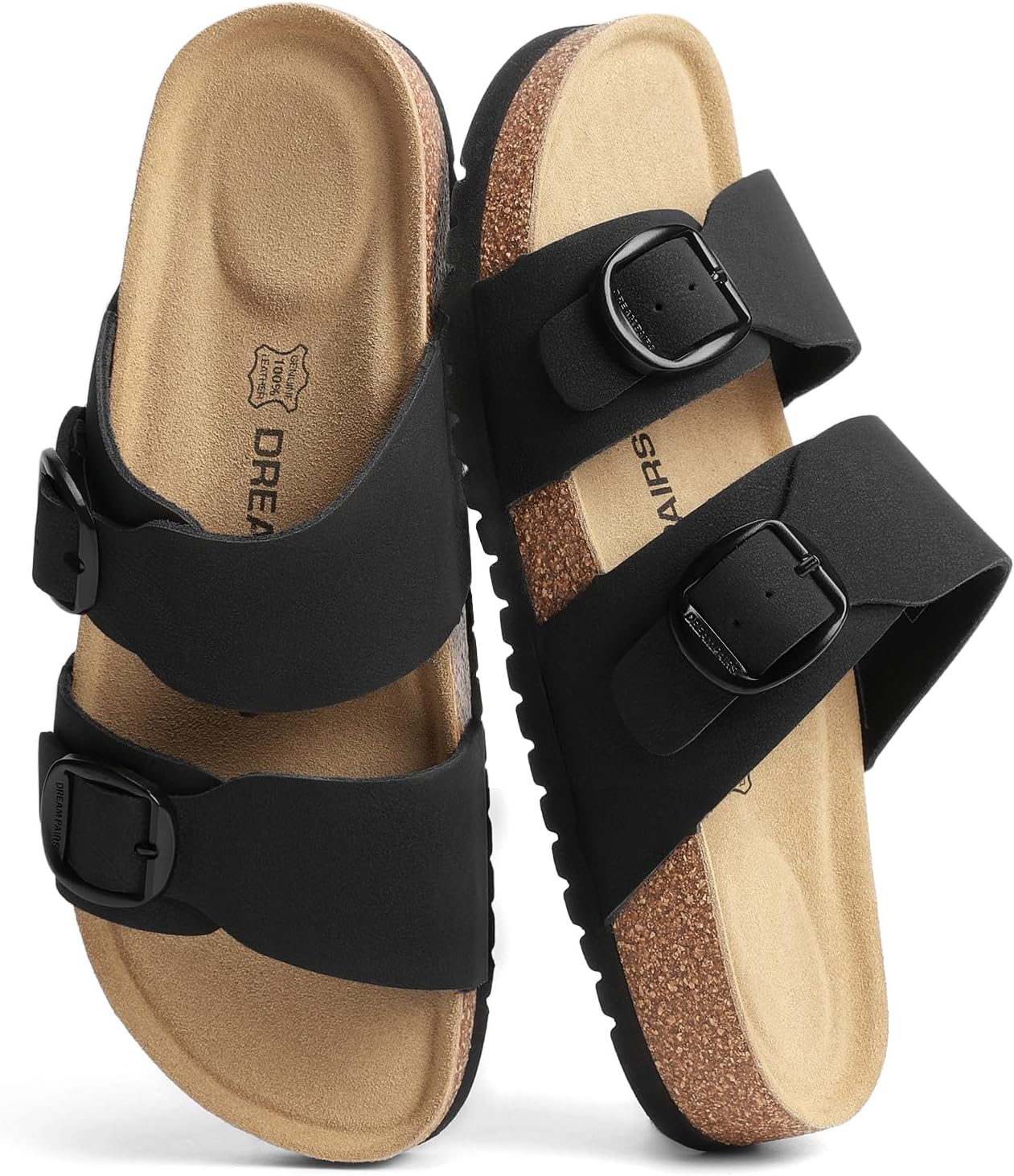 DREAM PAIRS Women’s Slides Soft Genuine Footbed Sandals Comfortable Adjustable Double Buckle Slip-on Flat Sandals with Arch Support Frame Dual Slippers for Summer 2026