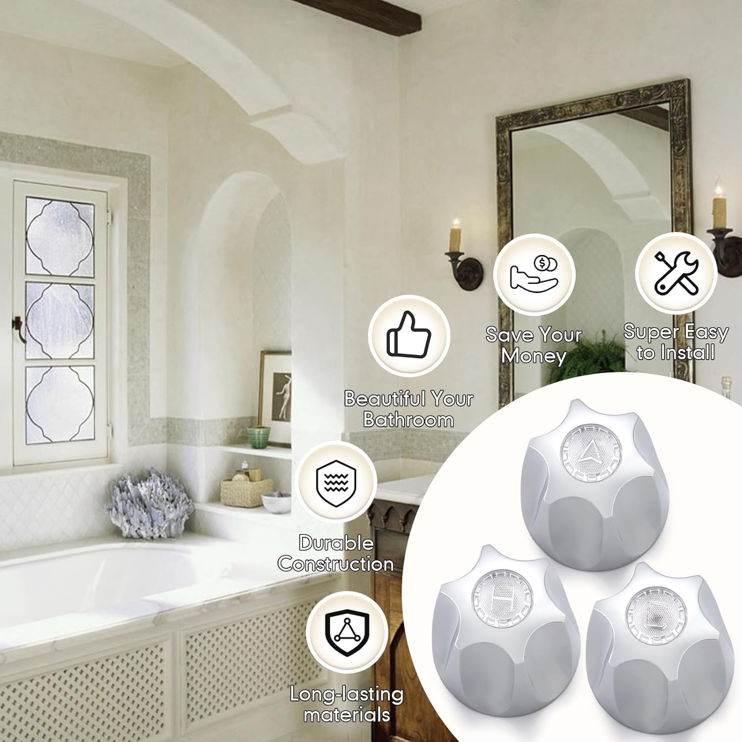 Shower Knobs 3 Piece Replacement for Fit for Price Pfister Tub Shower Faucet Handle Remodel Trim Kit, 3 Pieces Hot Cold and Diverter Shower Handles Replacement,Polished
