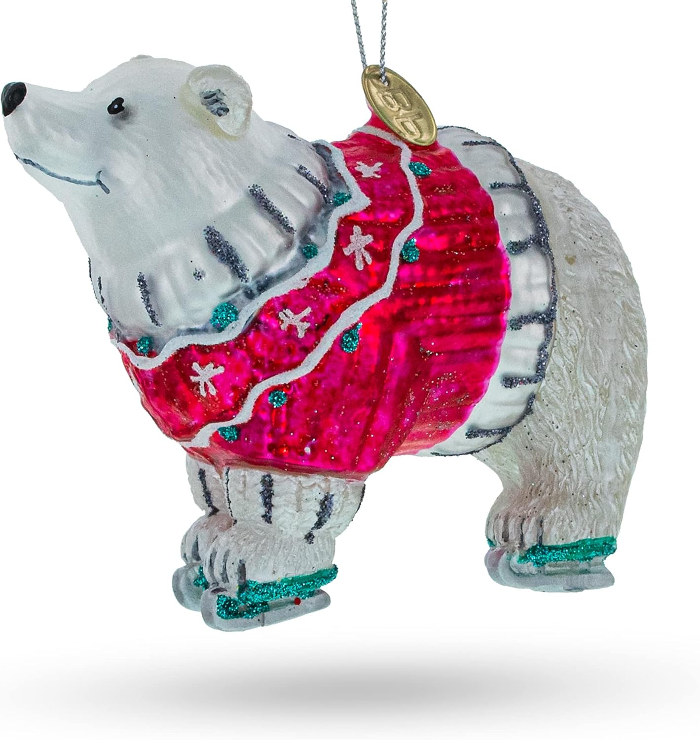 Polar Bear Wearing a Festive Sweater Blown Glass Christmas Ornament - Image 6