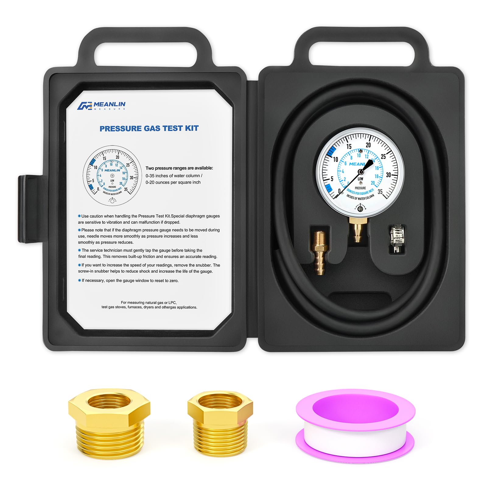 MEANLIN MEASURE Kit per test di pressione del gas collettore WC da 0 a 35 pollici, kit manometro per gas naturale o gas LP con tubo da 101,6 cm, raccordo BSP da 1/8" con connessione spinata e boccola