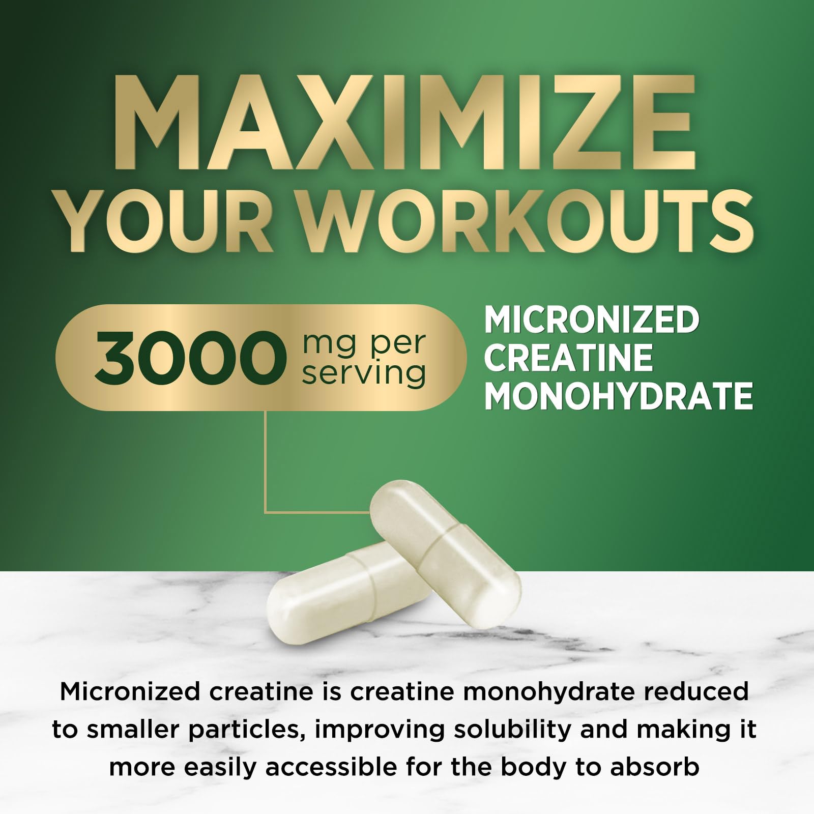 Creatine Monohydrate 3000mg Per Serving – Micronized Creatine Powder Capsules - Supports Lean Muscle, Strength, Energy, & Endurance - Nature's Supplement, Non-GMO, Bottled in USA - 120 Capsules — Amazon image 3