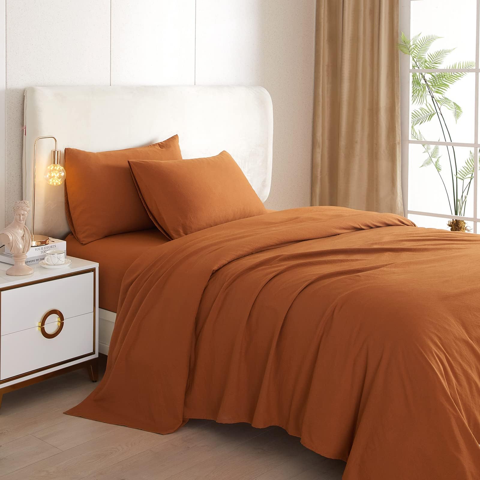 HighBuy Caramel Pumpkin Sheets for Twin Size Bed,4 Piece Cooling Sheet Set Twin Deep Pocket up to 16 Inch,Solid Rust Bedding Sheets & Pillowcases Set,Wrinkle,Fade,Stain Resistant - 3 Piece