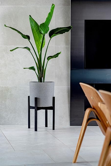 Vita 14 inch Round Vaxa Self-Watering Planter, Color: Graphite, Grey, Gray, Faux Stone Finish, Bamboo Reversible Stand, VT17801