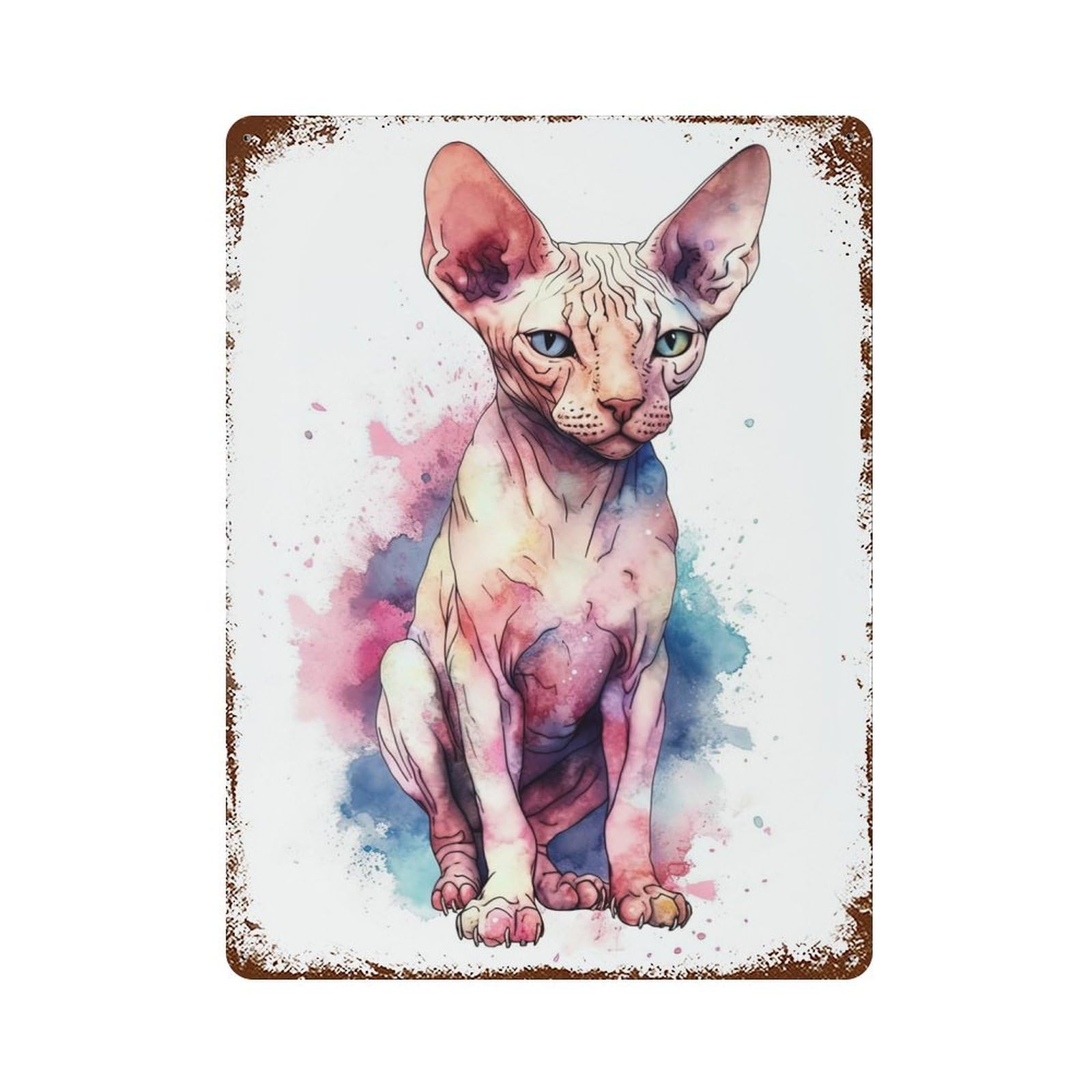 Watercolor Sphynx Cat Art Vintage Wall Sign 15.7"x11.8", Rust Effect Metal Decor for Basement, Hobby Room And Garage Decor