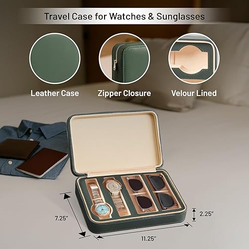 Vista 2 de Bey-Berk Estuche de cuero genuino personalizado para dos relojes y gafas de sollentes de viaje con compartimentos ajustados