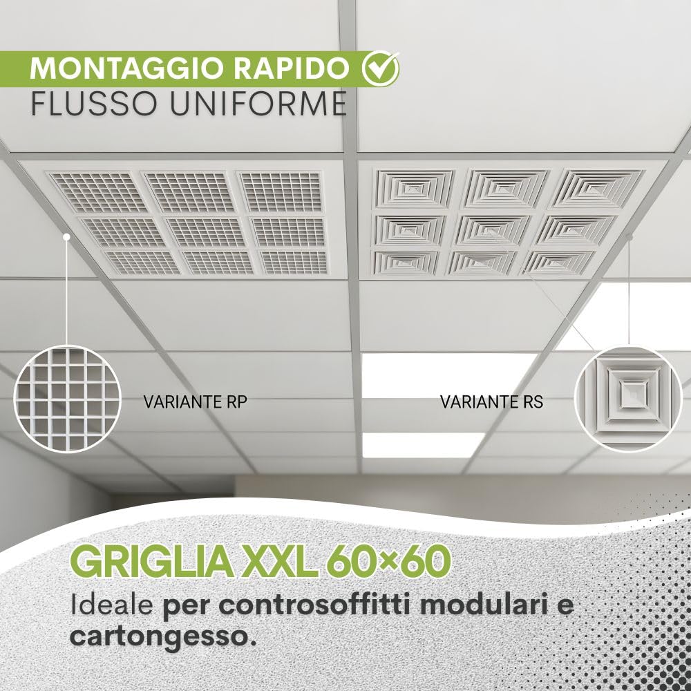 Griglia di Ventilazione XXL 60×60 cm per Soffitto – Diffusore Aria Mandata e Aspirazione | Controsoffitto Modulare e Cartongesso | Plastica Tecnica | Area Libera ~50% | Parte Interna Removibile - RS