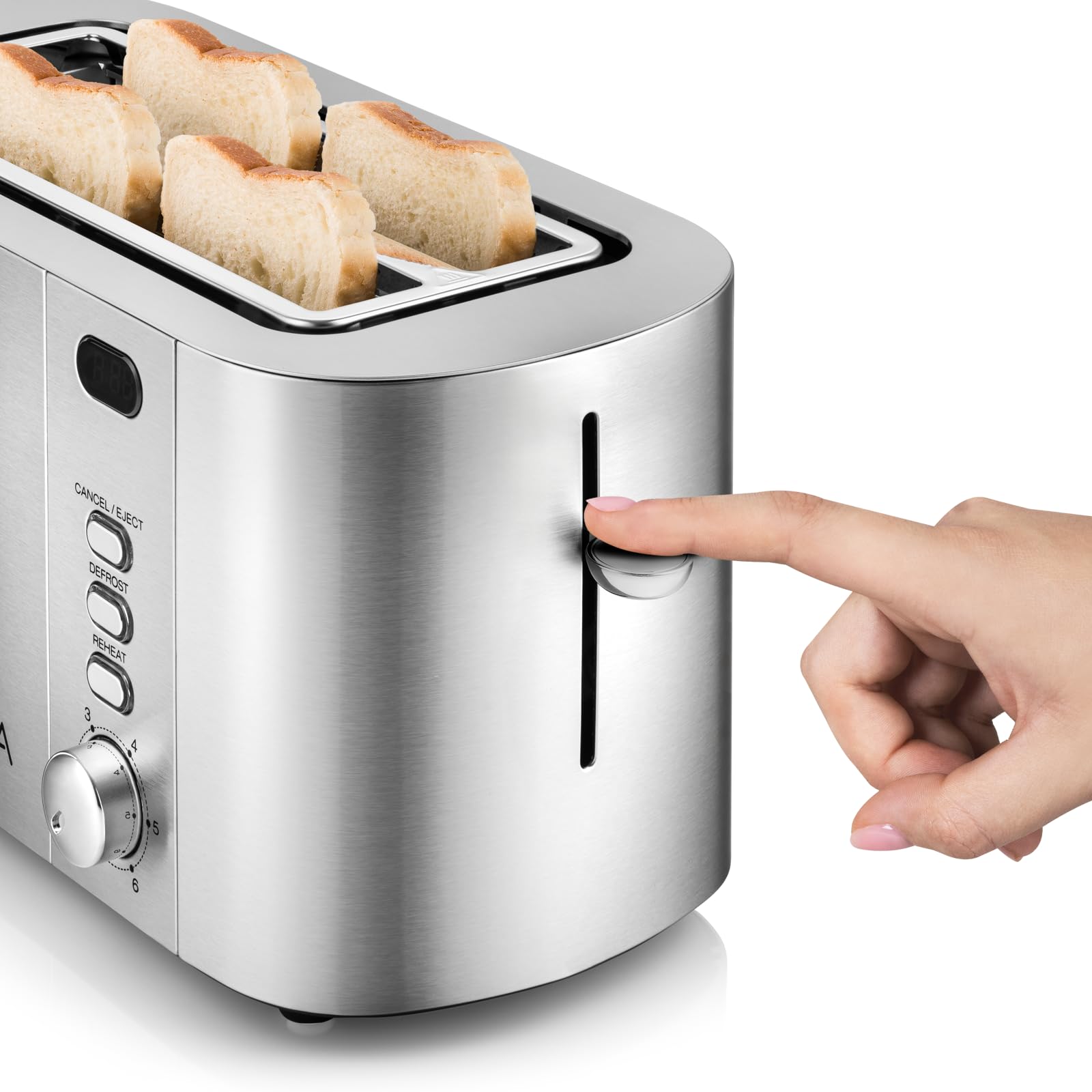 ZEEGMA Tostapane per 4 Fette TOSTEE CHEF Tostapane in Acciaio Inox, Griglia Scaldapanini da 1500W, Scongelamento, Riscaldamento e Arresto, Vassoio Raccogli Briciole, Display a LED con timer, 6 livelli