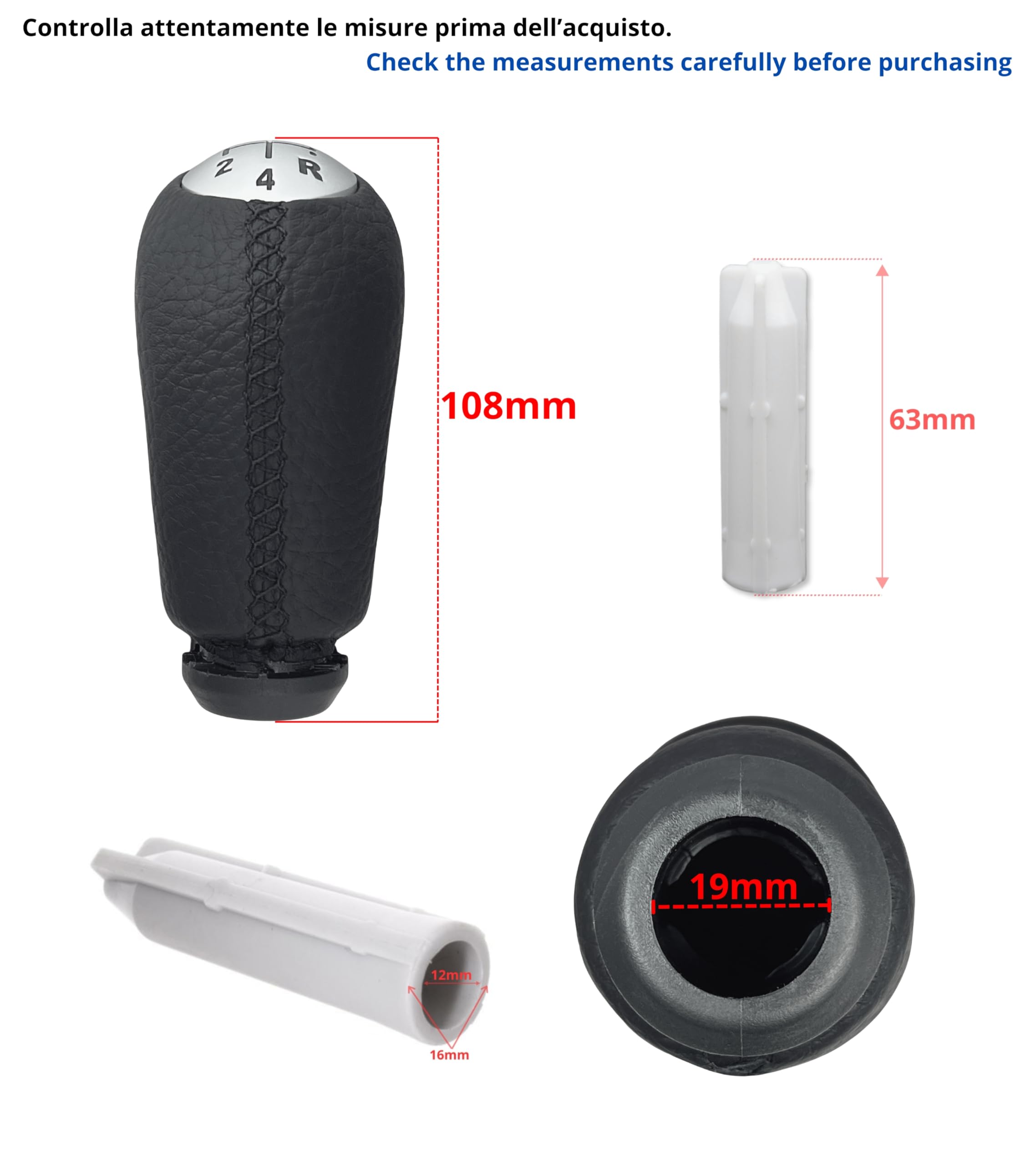 1neiSmartech Kit Pomello Leva Cambio 5 Marce con Adattatore in Plastica, Compatibile con Smart Fortwo III 453 2014–2022 e Smart Forfour W453 2014–2024, Cuciture Nere