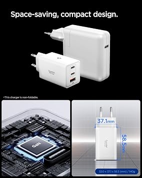 Spigen 67W USB-C+USB-A 3 Port Fast Charger PPS 2.0 Support Heat Reducing GaN Pro Supported Current Protected Power Adapter iPhone & Android & iPad & MacBook Type-C White - ACH08710