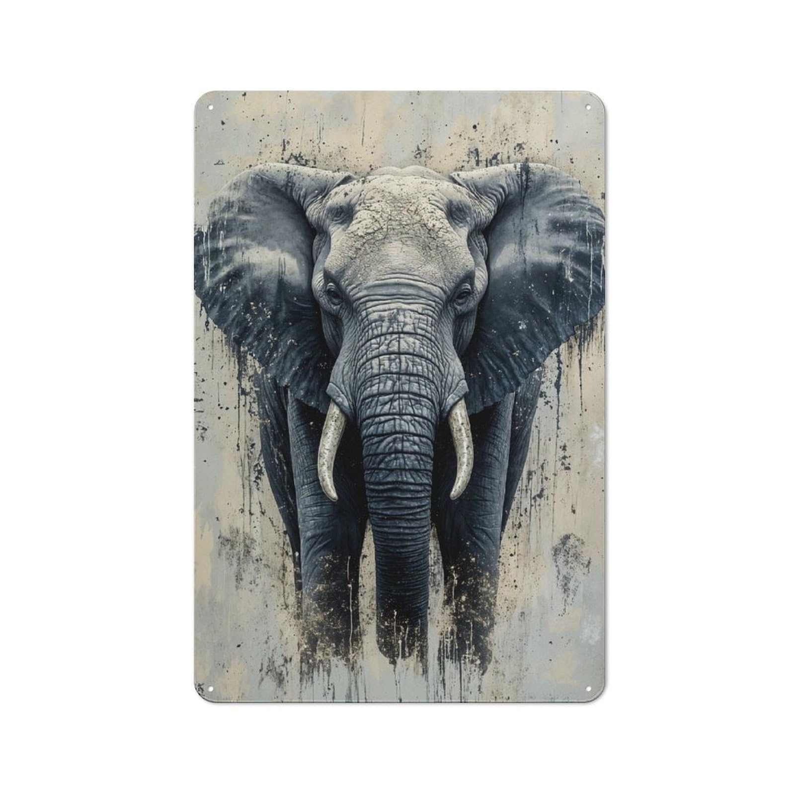 Metal Wall Plaque with Elephant Portrait with Abstract Background Design 30x20cm, Simple Retro Creative Space Decor for Office, Study, Studio Or Hallway