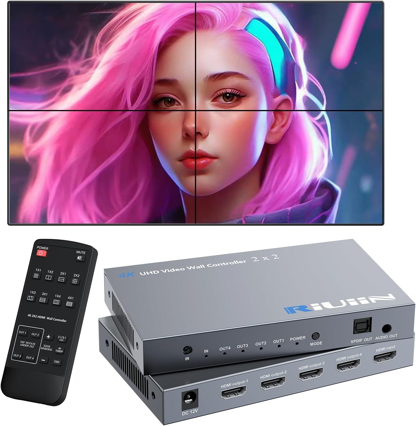 HDMI Video Wall Controller, TV Wall Controller, Up to 4K 60HZ Processor, 180° Rotation, Audio, IR Remote, 2x2,1x2,1x3,1x4,2x1,3x1,4x1, Make 4 tv Screens into Wall Display