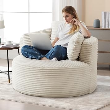 Antetek 48.8-inch Round Chair, Modern Accent Corduroy Comfy Deep Seat Boneless Foam Floor Single Circle Chaise Sofa Chair with 3 Pillows for Living Room Bedroom Office, No Assembly Required, Beige