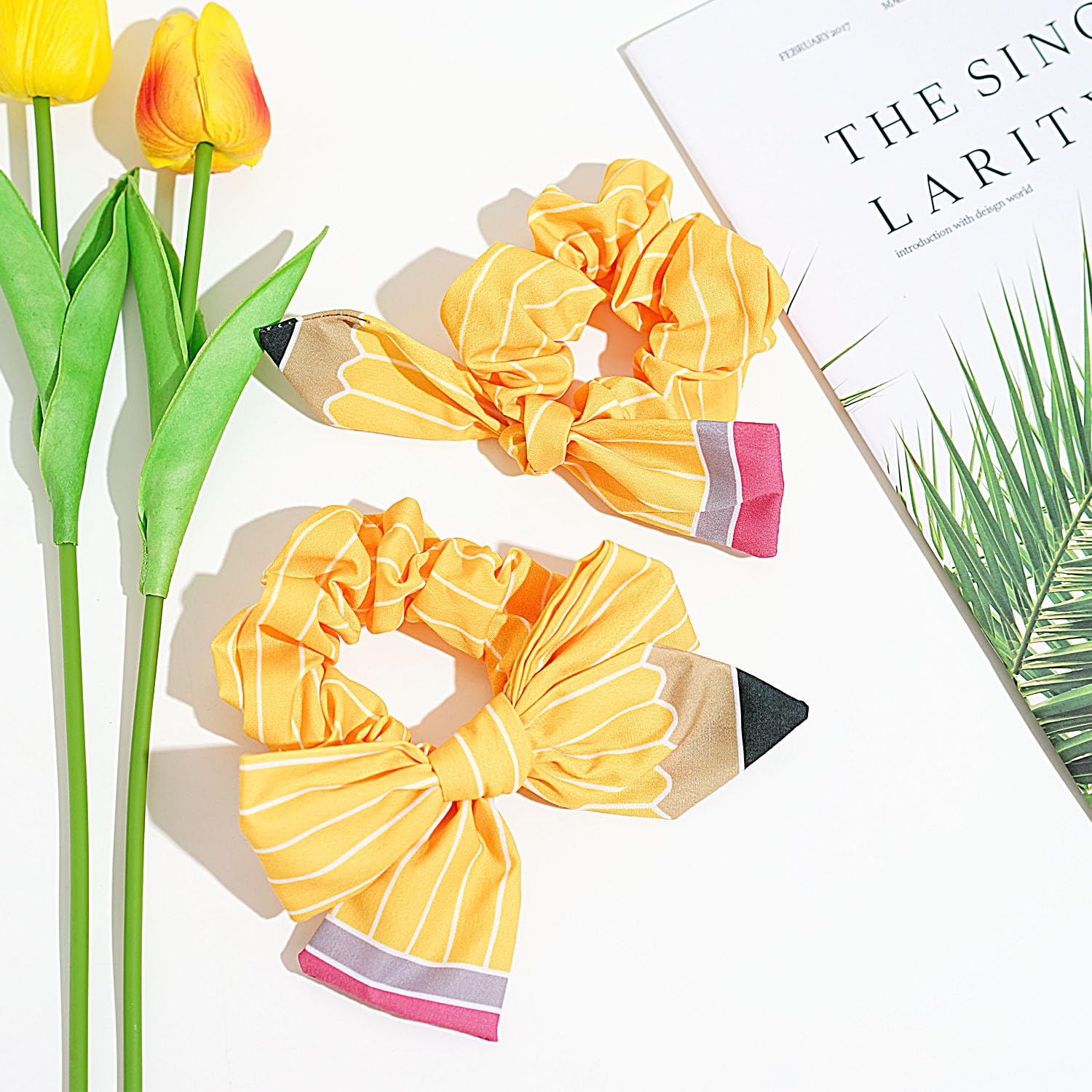 2 Pcs Back to School Hair Scrunchies, Yellow Pencil Hair Bows Ponytail Holder for First Day of School Girl Student Cheerleader Hair Accessories