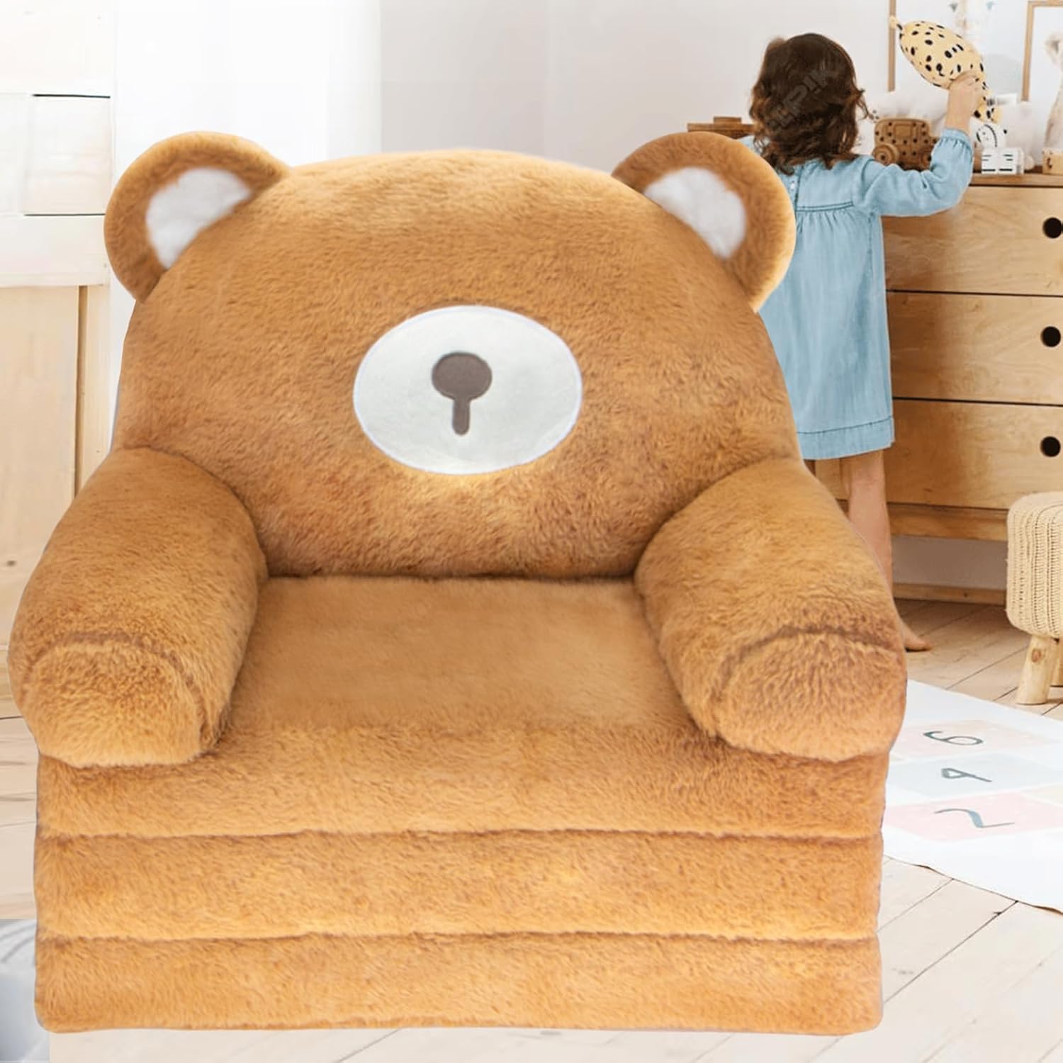 Toddler Chair Toddler Couch: 2-in-1 Kids Chairs Comfy Kids Sofa Fold Out for Girls and Boys 1-3 Years Old, Brown Bear