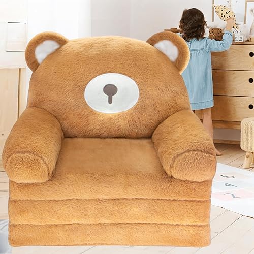 Silla para niños pequeños sillas para niños 2 en 1, cómodo sofá plegable para niñas y niños de 1 a 3 años, oso marrón