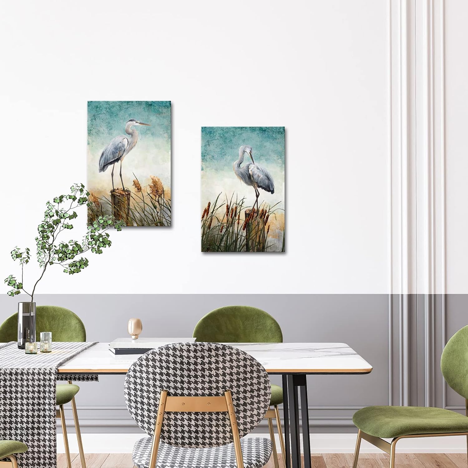 KLVOS Heron Canvas Wall Art Coastal Birds Picture Painting Modern Teal Lake Poster for Room Office Blue Farmhouse Artwork Decor Framed Ready to Hang 16x24inchx2Panel