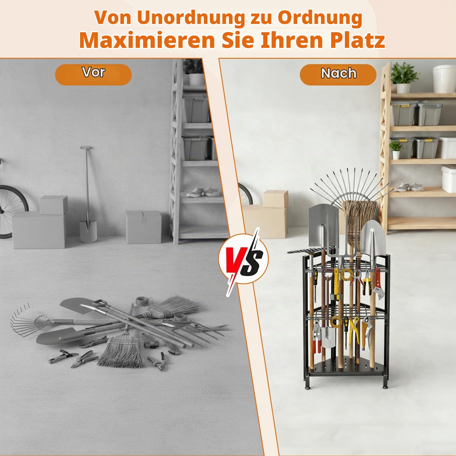 Gartengeräte-Organizer mit 3 Ebenen aus Metall, Lagerung für Schuppen, Gartengeräte mit langen Stielen, Rechen, Besen, Garage, Patio, Terrasse, Innen und Außen