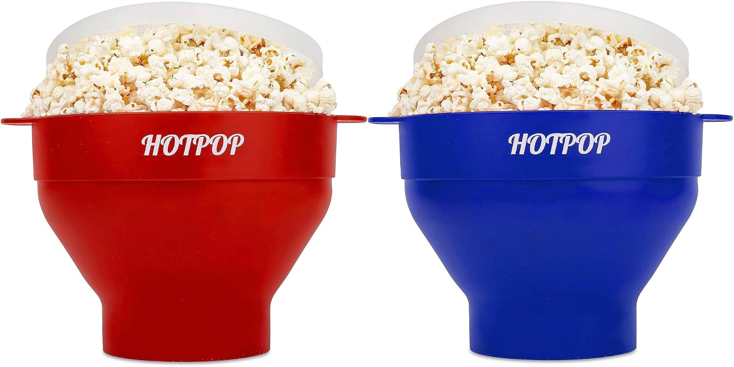 The Orginal HotPop Silicone Popcorn Maker - Microwave Popcorn Popper with Handles - Collapsible Bowl, Heat-Resistant, Easy to Clean, Cherry and Blue