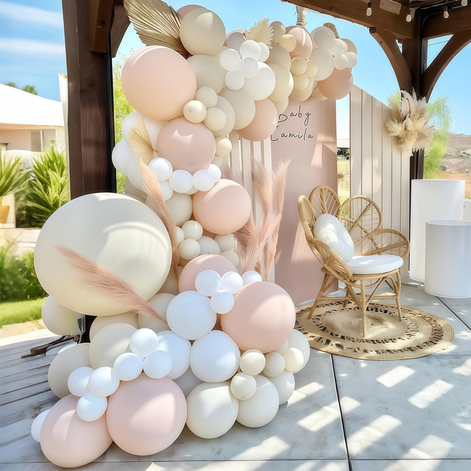 Photo 1 of Boho Netural Balloon Arch Kit,129Pcs Matte Sand White Blush Peach Double Stuffed Cream Nude Balloons Garland for Fall Boho Baby Shower Bridal Wedding Engagement Birthday Party Decorations