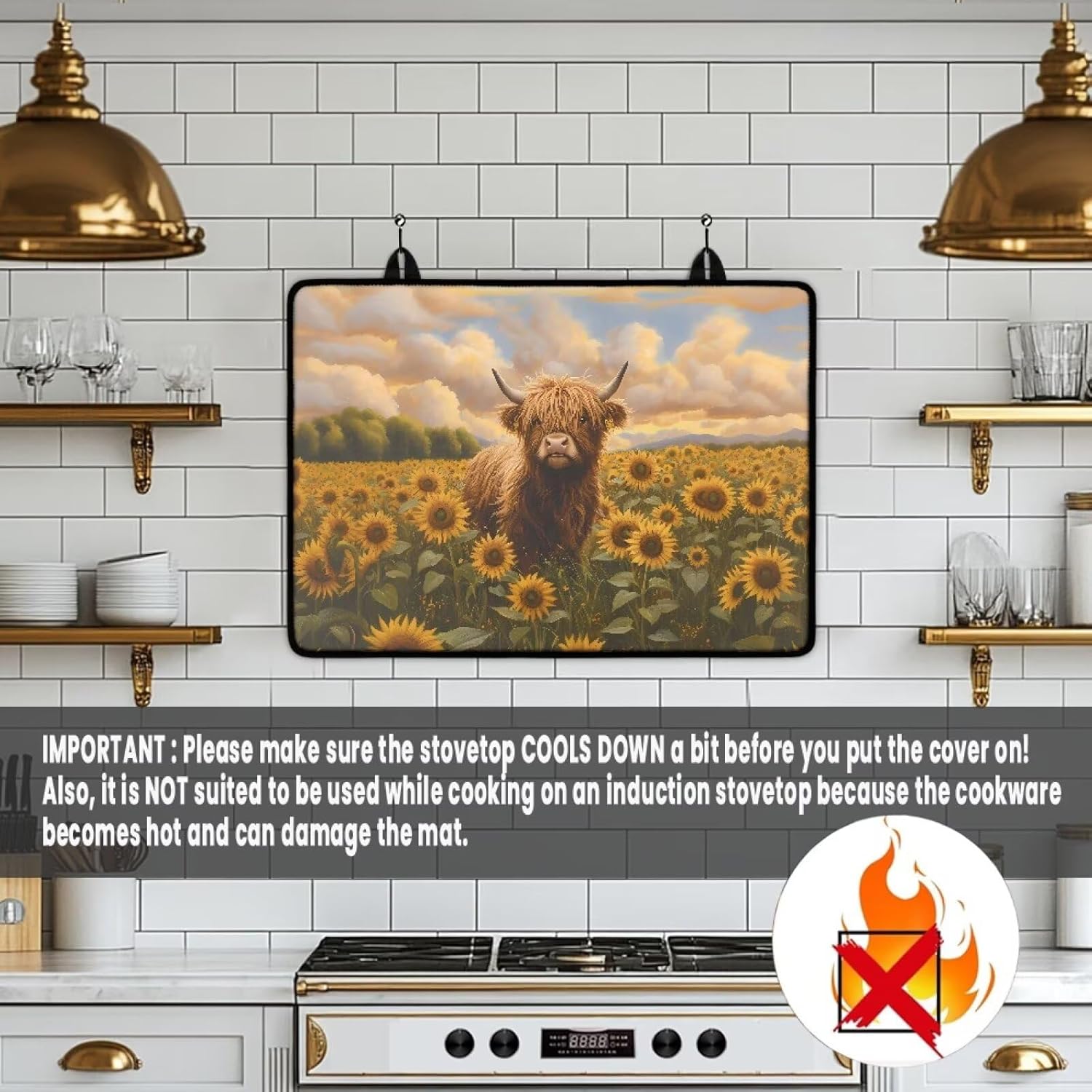 Glass Stove Top Cover Foldable Non-slip Range Cover Cooktop Mat Multipurpose Induction Cooktop Mat for Kitchen Home Accessories and Decoration, Sunflower Field Highland Cattle