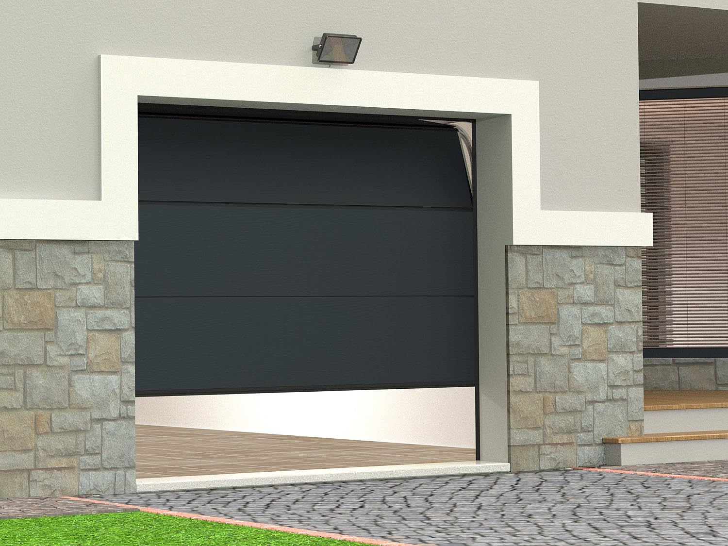 Vente-unique - Porte de garage sectionnelle effet bois anthracite motorisée L254 x H218 cm - PRIETA