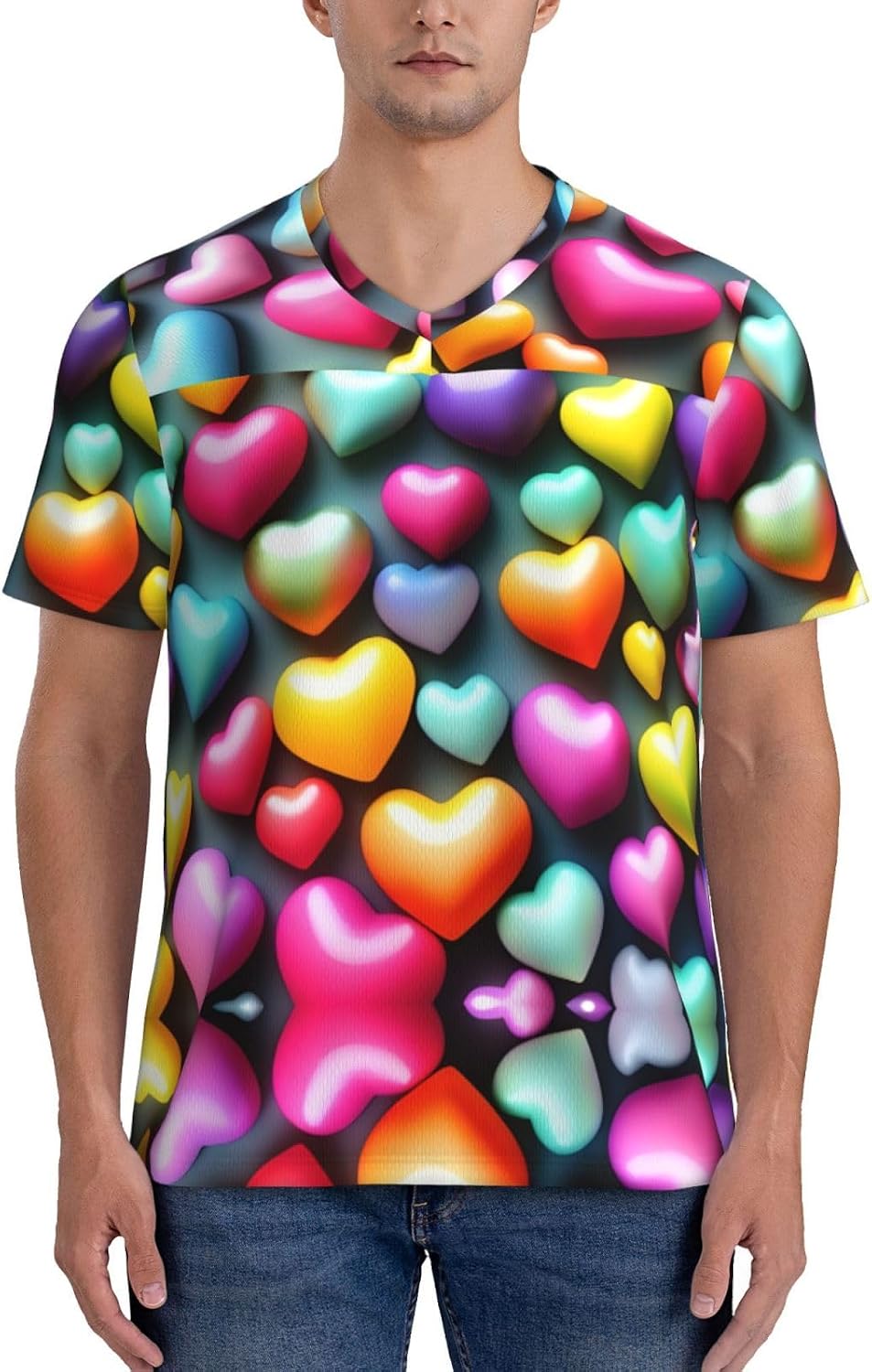 Colorful Rainbow Hearts Rugby Football Jersey for Men, Comfortable V-Neck Loose Fit Top for Team Sports Athletics
