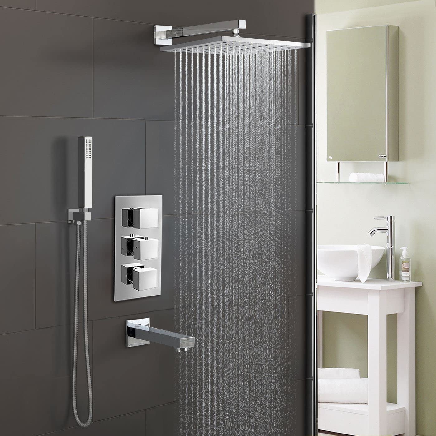 Nes Home Square Thermostatic Shower Mixer Valve - Chrome - 3 Dial 3 Way Concealed Valve