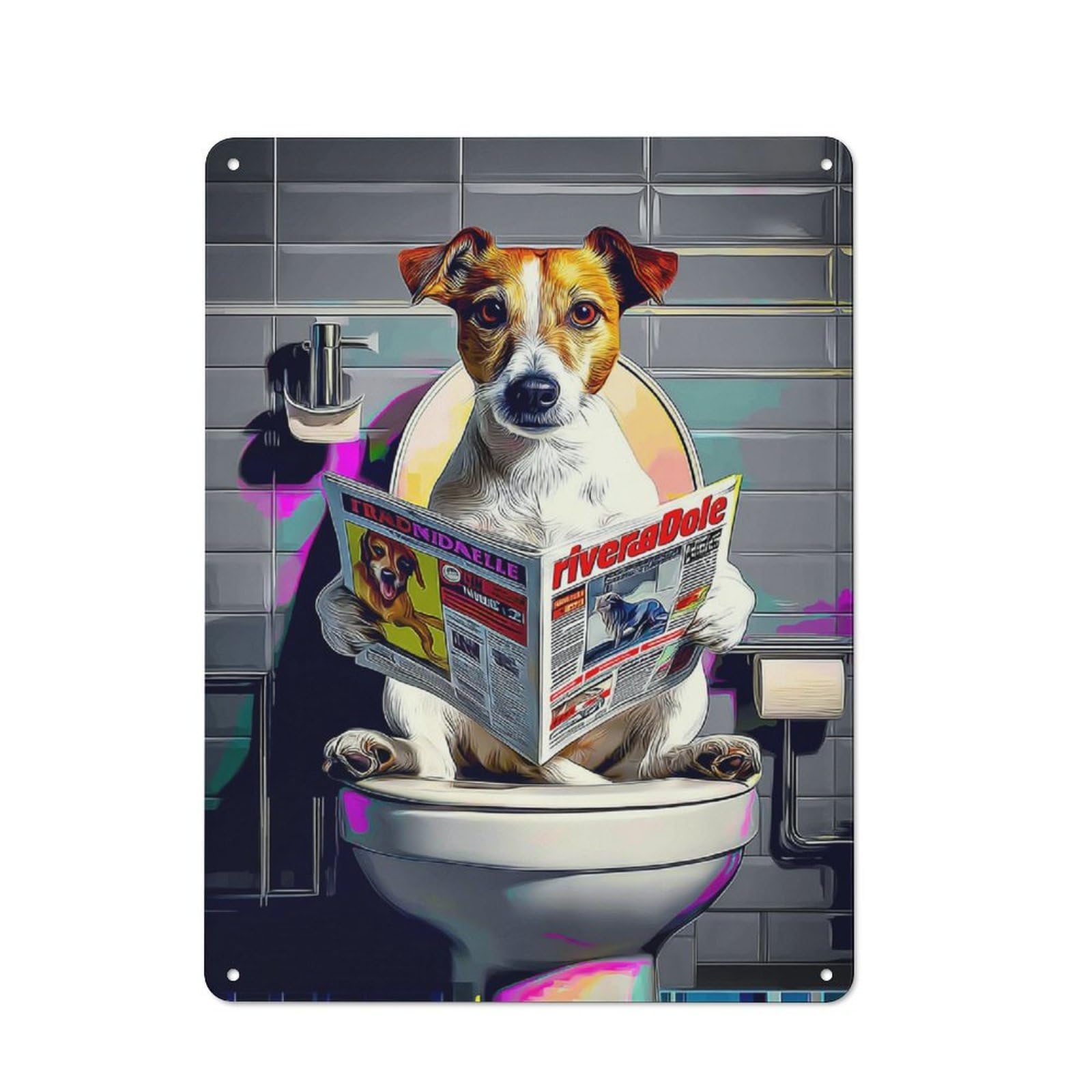 Nostalgic Decorative Tin Sign 40x30cm Featuring Dog Reading Newspaper on Toilet-25, Old Style Wall Plaque for Kitchen, Hallway, Bar Or Small Cafe