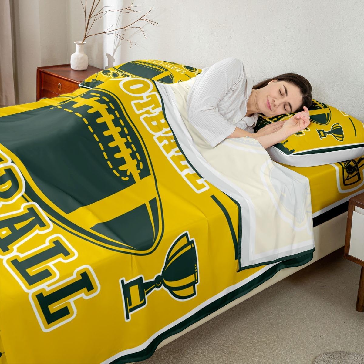 Erosebridal Football Sheets Full Size,Rugby Ball Game Bed Sheets for Sports Fans,Football City Silhouette Bedding Set for Kids Boys Men Adult,Yellow Green Rugby Flat Fitted Sheet
