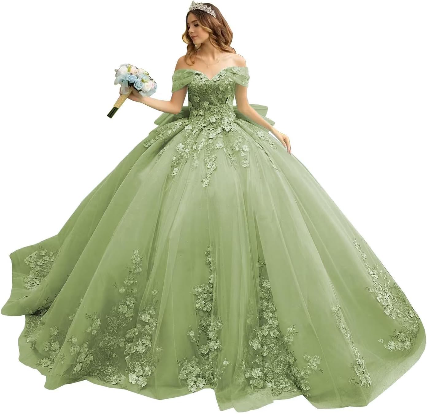 Fuomomo Women's Sage 3D Floral Quinceanera Dress Sweet 16 Dresses Puffy Tulle Sparkly Off Shoulder Lace Prom Dress Mt025
