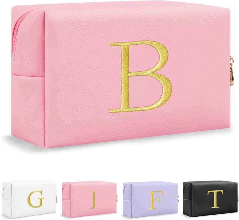 Necessaire de maquiagem UIXIZQ com inicial bordada em dourado, rosa, modelo B