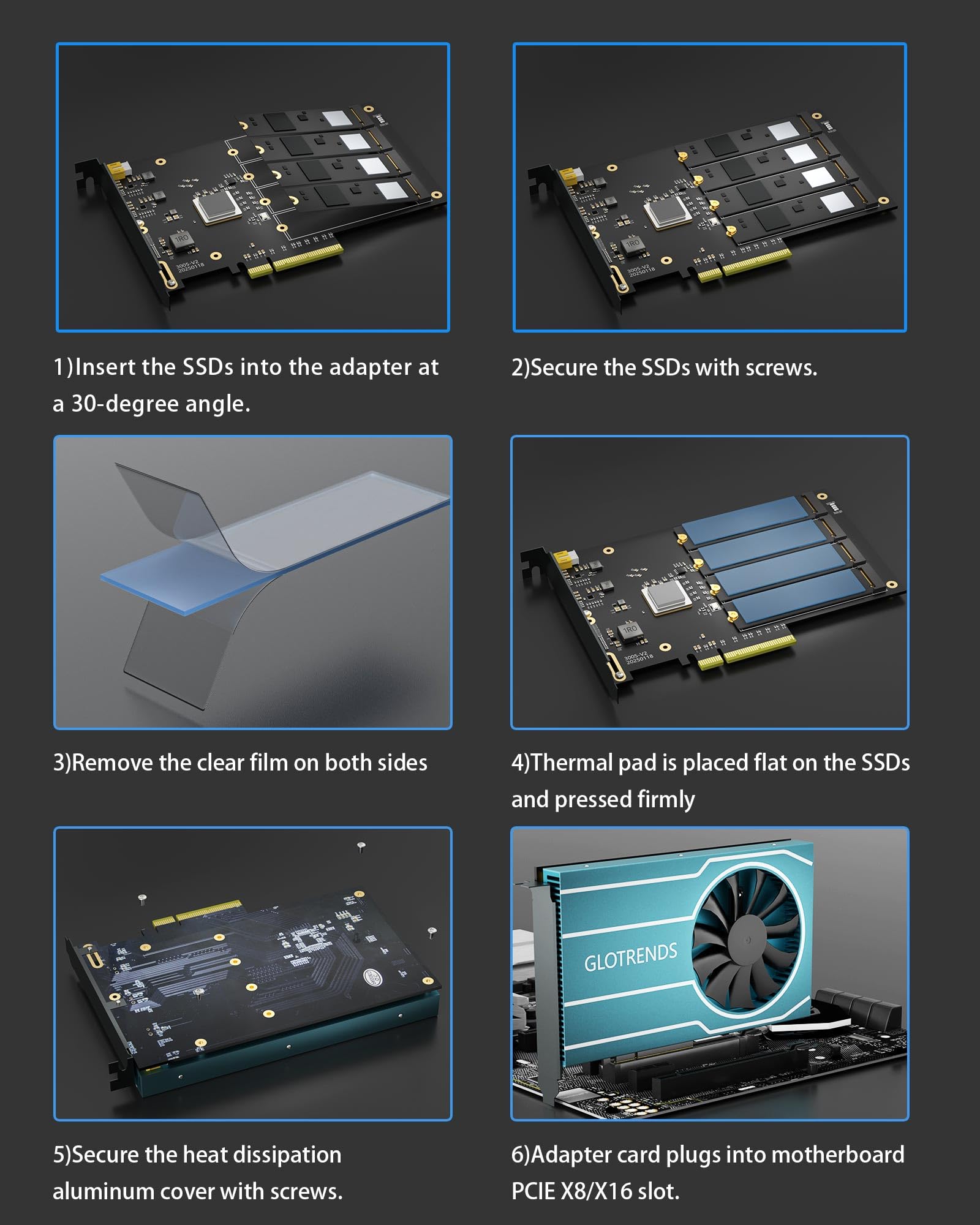 GLOTRENDS PA44 Quad Adaptador M.2 NVMe a PCIe 4.0 X8 con bifurcación PCIe, configuración de Raid M.2 NVMe Suave Mediante Herramienta del Sistema operativo (Solo Compatible con tamaño 2280)